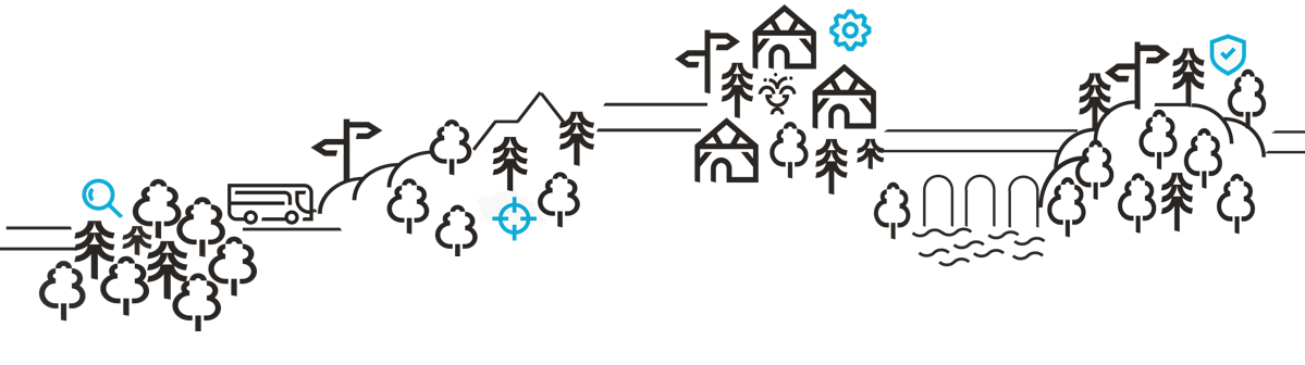 Eine stilisierte Landschaft mit Wald, Bus, Bergen, Dörfern, Brücke und Symbolen.